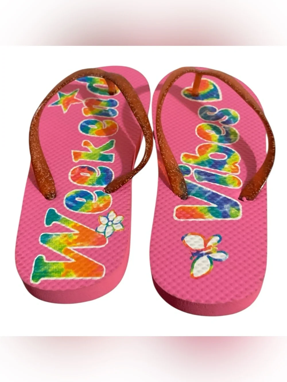 Children’s Place Pink Glitter Strap Flip Flops  'Weekend Vibes' Print Girl 12/13